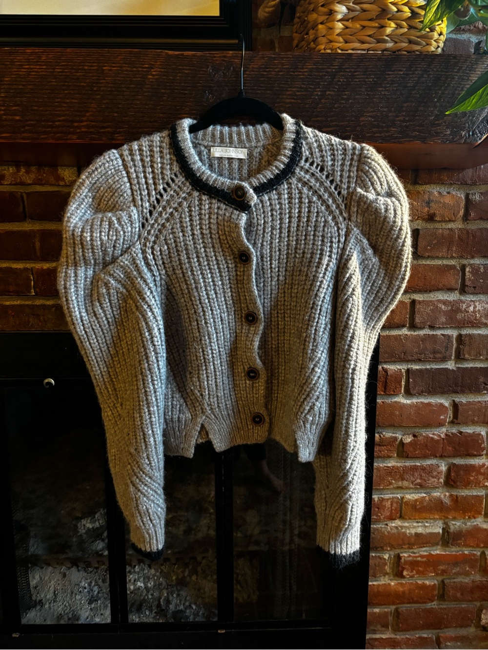Ulla Johnson Grey Baby Alpaca Ribbed Puff Sleeve Cardigan Sweater